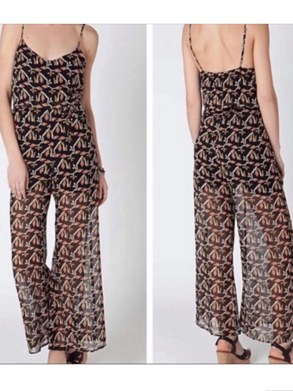 dolan Black Sheer Wide-Leg Printed Jumpsuit
